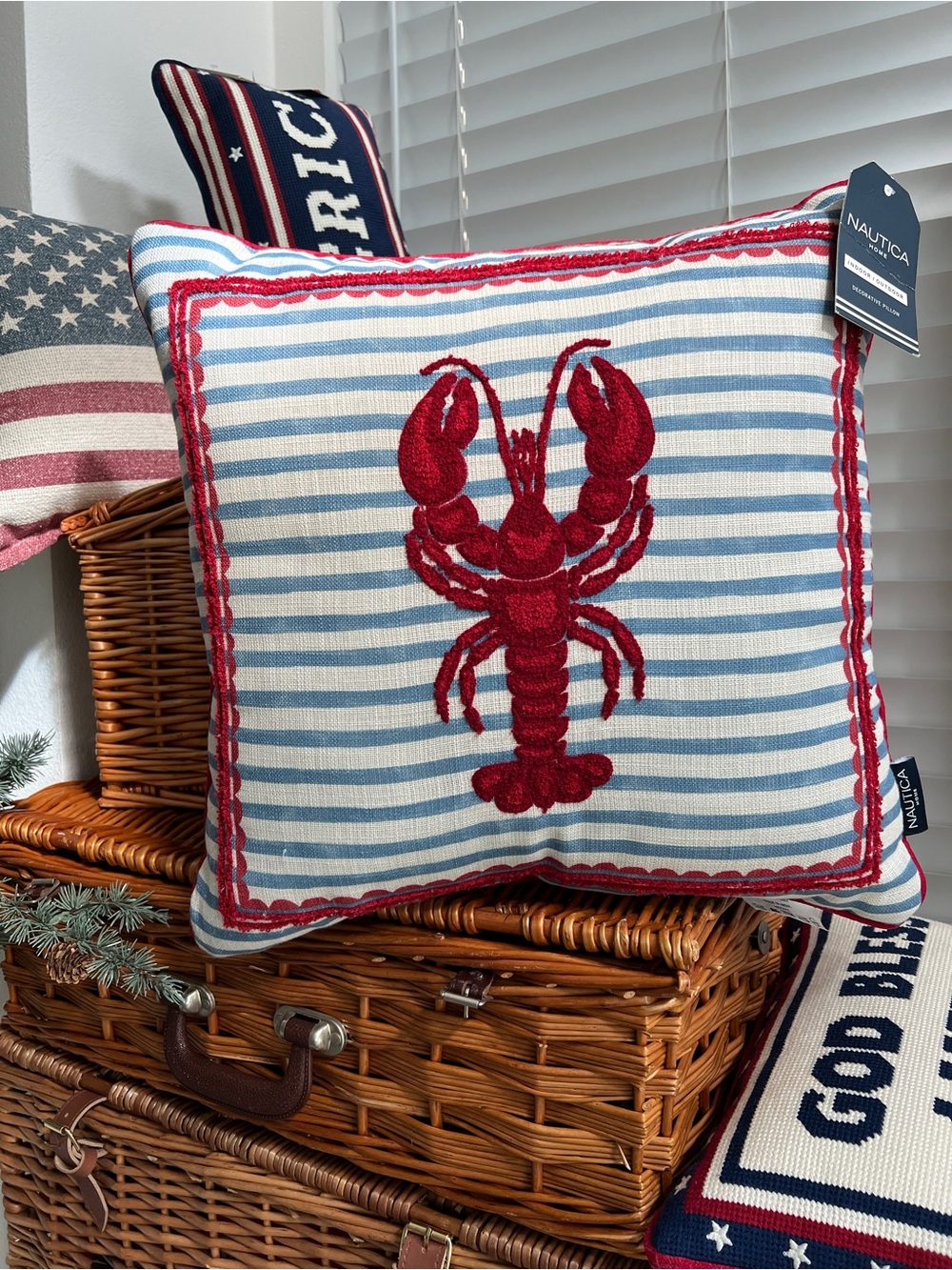 Lobster Embroidered Indoor Outdoor Pillow Red Blue Nautica NWT